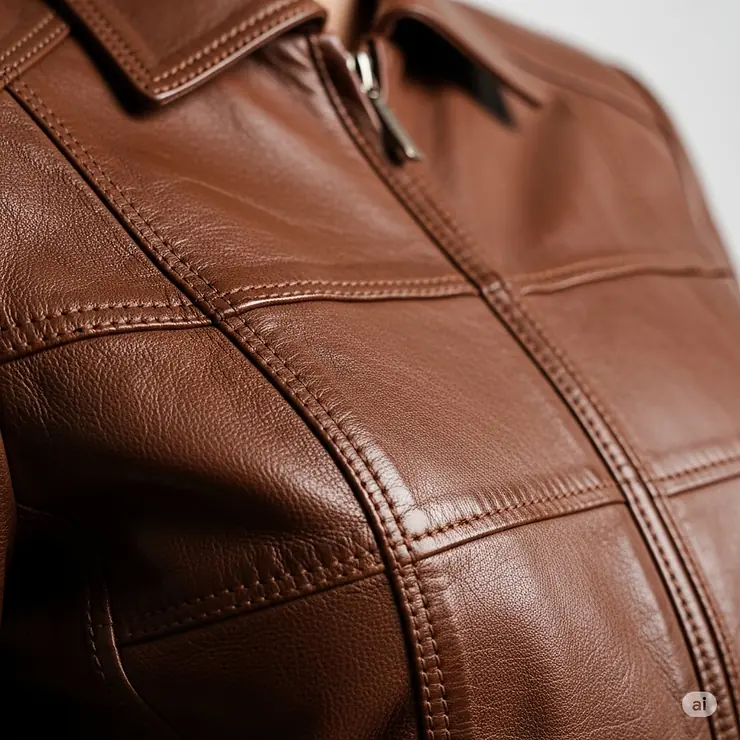 Close-up shot of a high-quality womens brown leather jacket, highlighting the texture and stitching details of the genuine leather.
