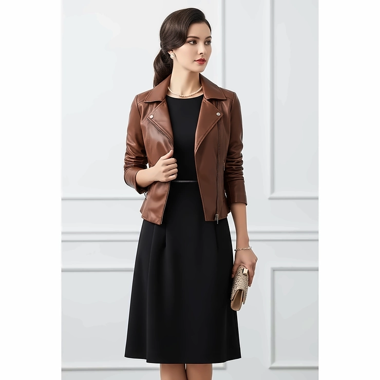 Image depicting a woman dressed up, pairing a chic brown leather jacket with a dress, demonstrating its versatility for more formal occasions.