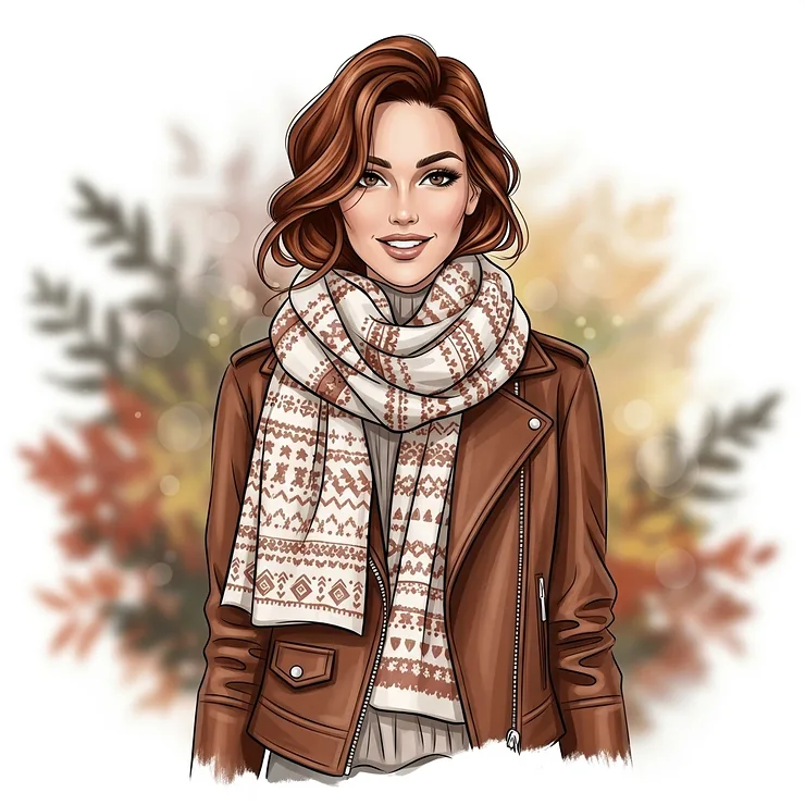 An illustration of a woman wearing a warm brown leather jacket layered with a scarf, perfect for autumn fashion and cooler weather.