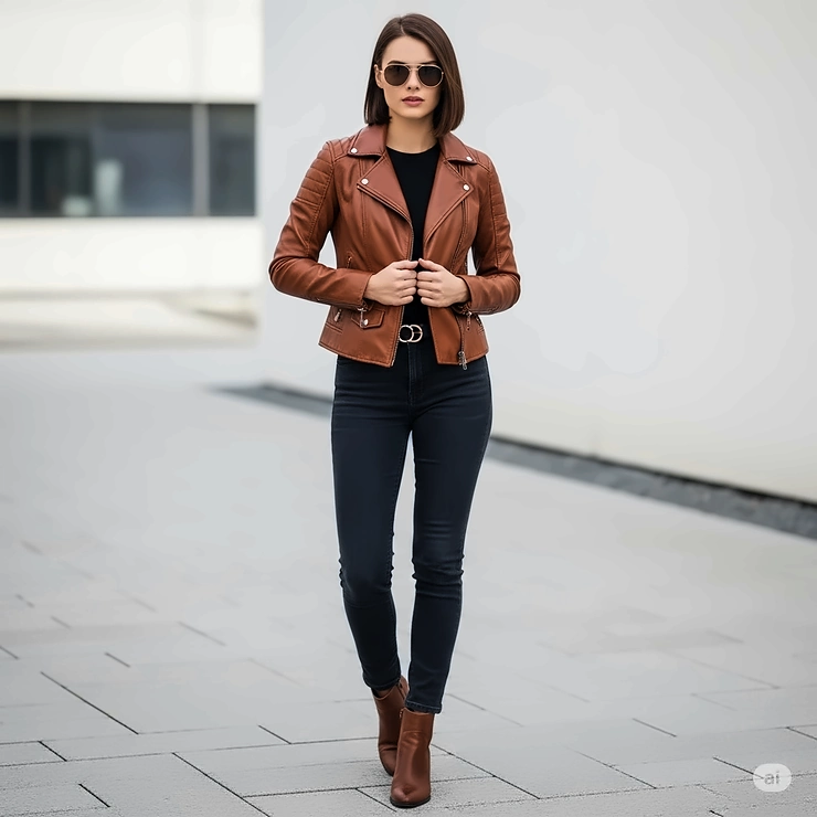 A stylish woman confidently wearing a fitted brown leather jacket, paired with jeans and boots, showcasing a classic and versatile look. women's brown leather jacket