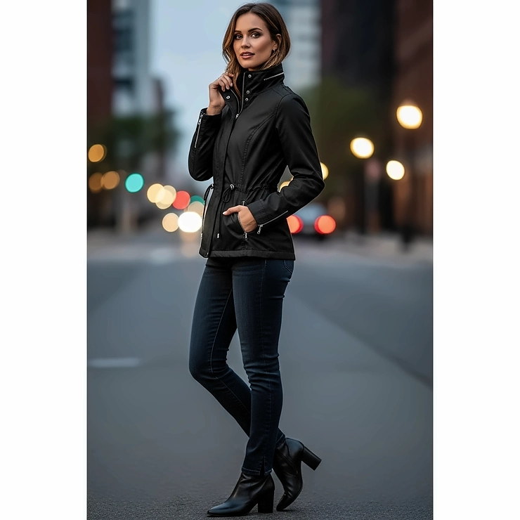 A woman confidently wearing a stylish, fitted black cinch jacket, showcasing its flattering silhouette and versatile design.