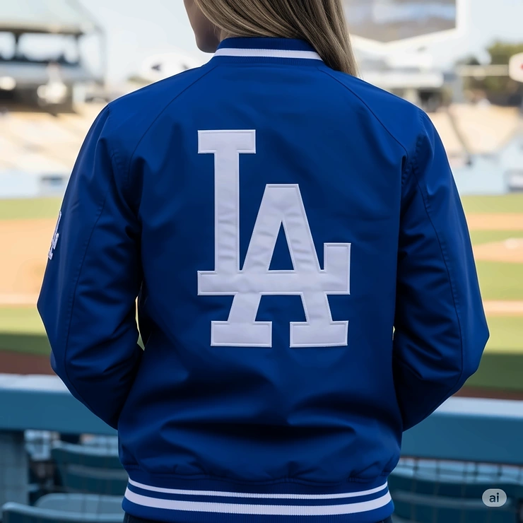 Rear view of a womens Dodger jacket showcasing the iconic LA logo prominently displayed on the back.