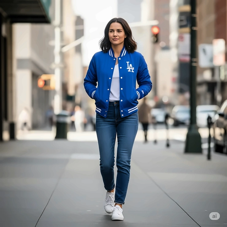 A woman casually walking in an urban setting, sporting a fashionable womens Dodger jacket as part of her everyday outfit.