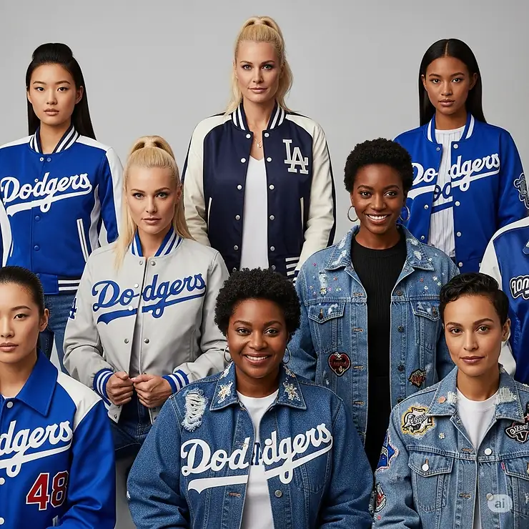 A diverse group of women each wearing a unique style of womens Dodger jacket, showcasing various designs and fits.