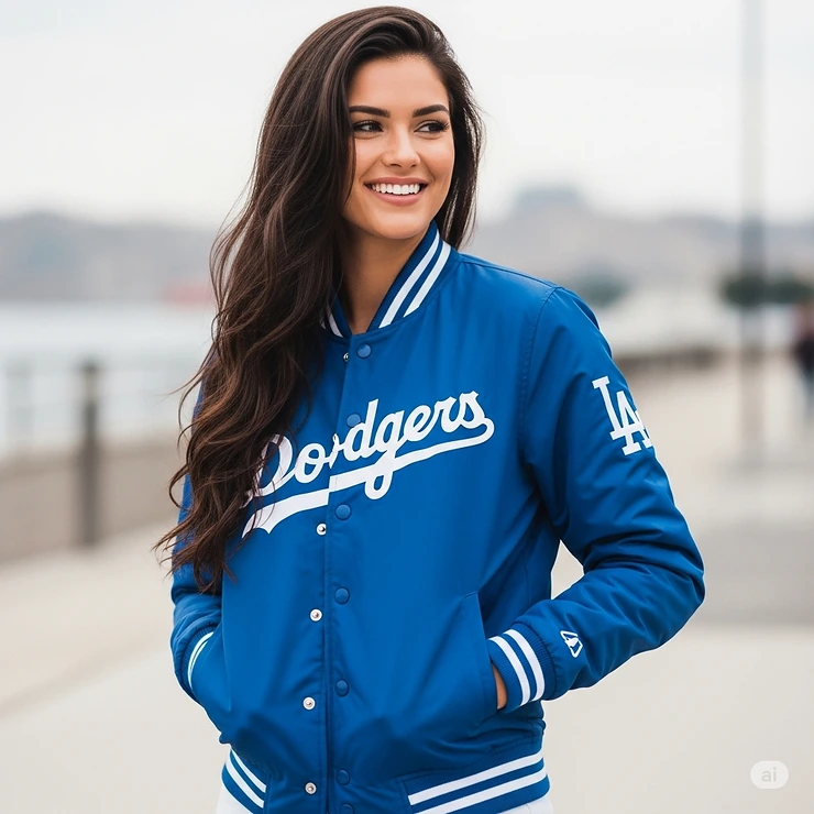 A stylish woman smiling and confidently wearing a classic blue Los Angeles Dodgers jacket, perfect for game day or casual wear.