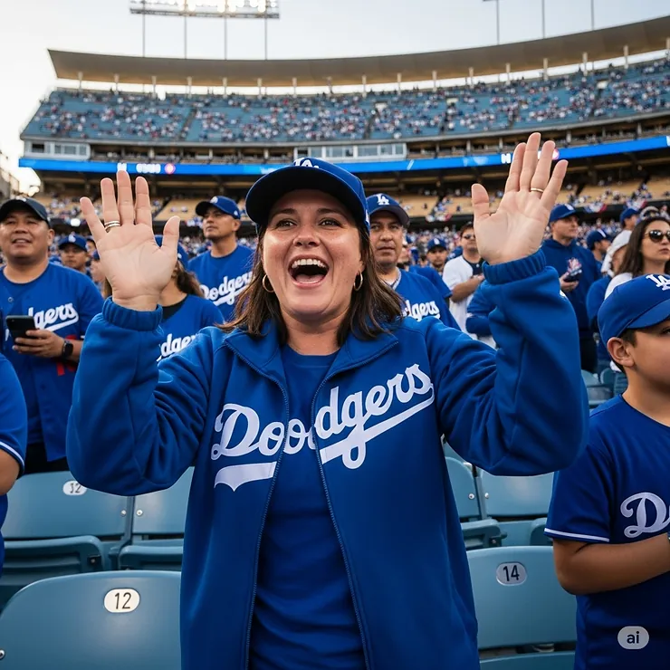 A woman enthusiastically cheering while wearing her blue Dodgers jacket at a baseball game in the stadium.