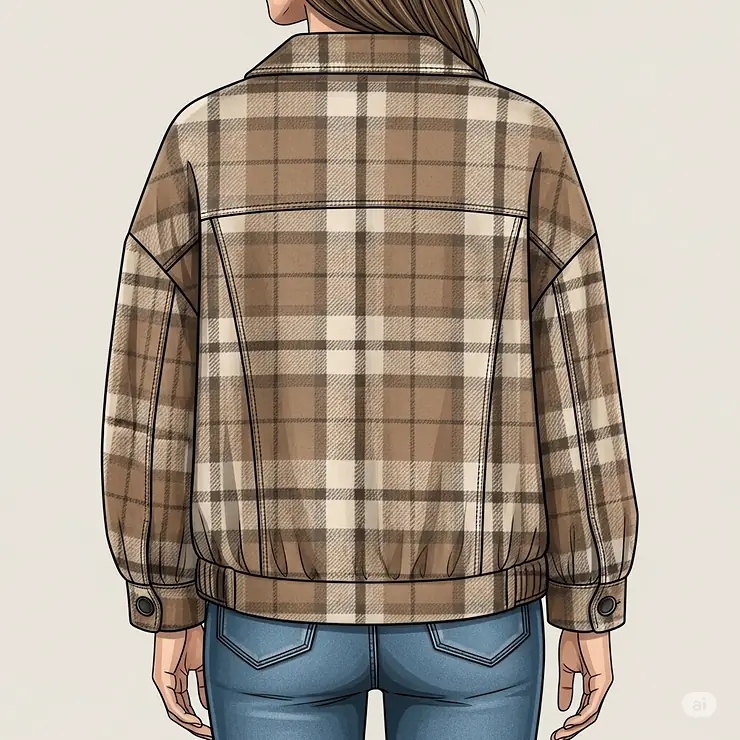 Back view illustration of a womens flannel jacket, emphasizing its comfortable and flattering fit, perfect for everyday wear.