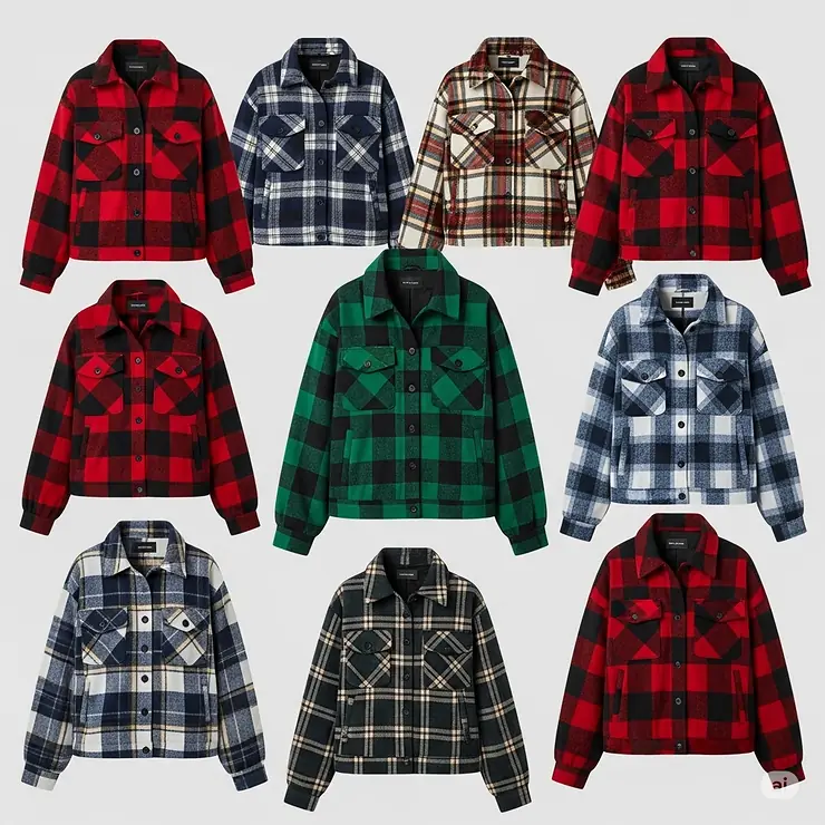 A visual showcasing various color and plaid patterns available for womens flannel jackets, including classic red, green, and blue options.
