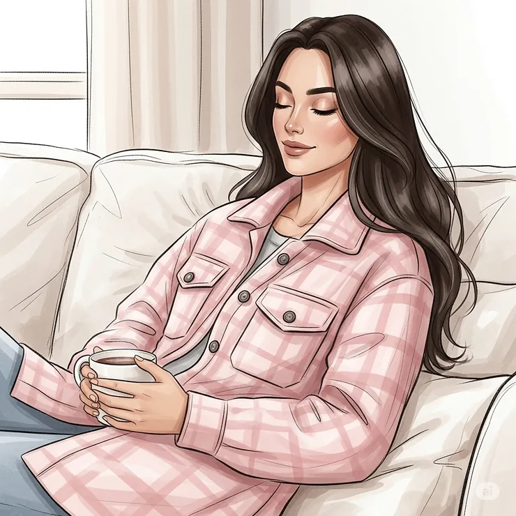 An illustration of a woman relaxing comfortably indoors in a soft womens flannel jacket, conveying warmth and coziness for loungewear or casual settings.