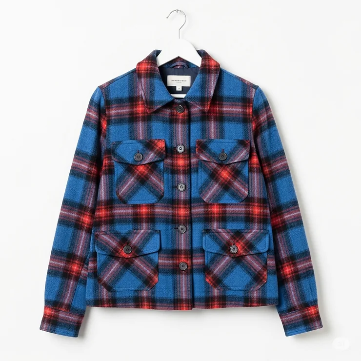 A womens flannel jacket hanging neatly, showcasing design details such as pockets, buttons, and collar, emphasizing its thoughtful craftsmanship.