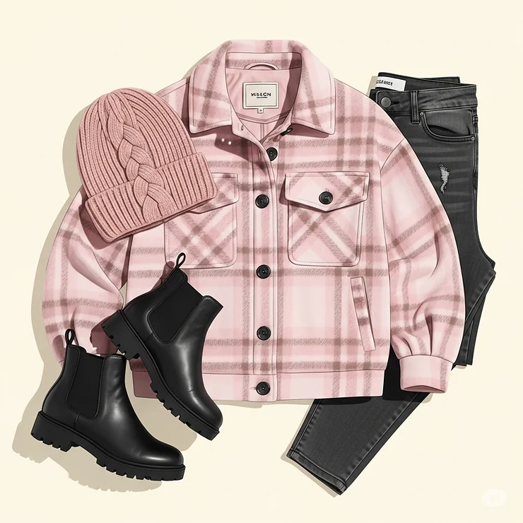 A stylish flat lay illustration featuring a womens flannel jacket paired with complementary accessories like a beanie and boots, suggesting complete outfit ideas.