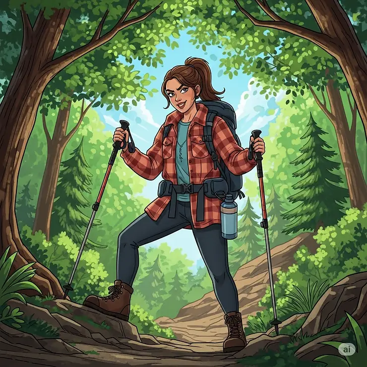 An illustration of a woman wearing a durable womens flannel jacket while enjoying an outdoor activity like hiking, highlighting its suitability for adventure.