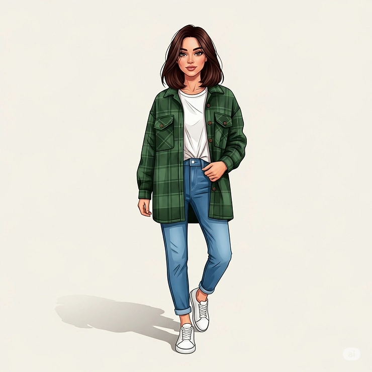 An illustration showing a woman effectively layering a versatile womens flannel jacket over a t-shirt, demonstrating a casual yet chic outfit.