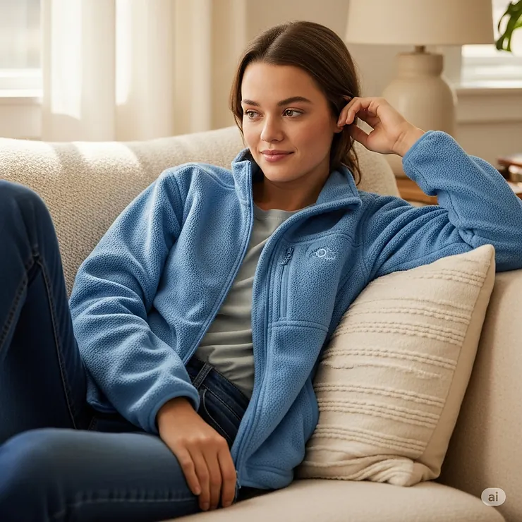 Young woman casually relaxing at home in a cozy blue womens microfleece jacket, ideal for everyday comfort.