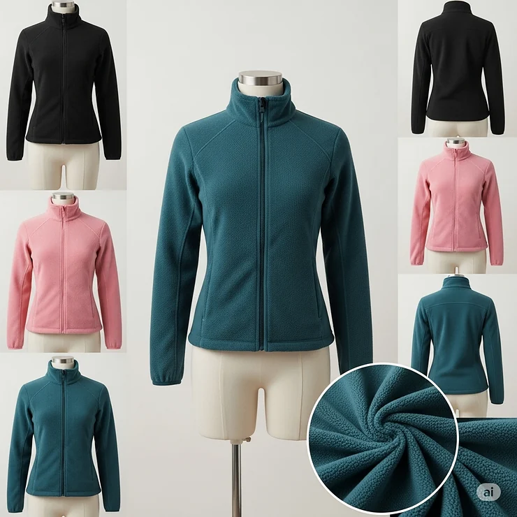 Collection of womens microfleece jackets displayed in a range of popular colors including black, pink, and teal, offering versatile style options.
