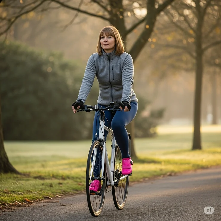 Woman cycling on a cool morning, wearing a fitted womens microfleece jacket that provides warmth without restricting movement.