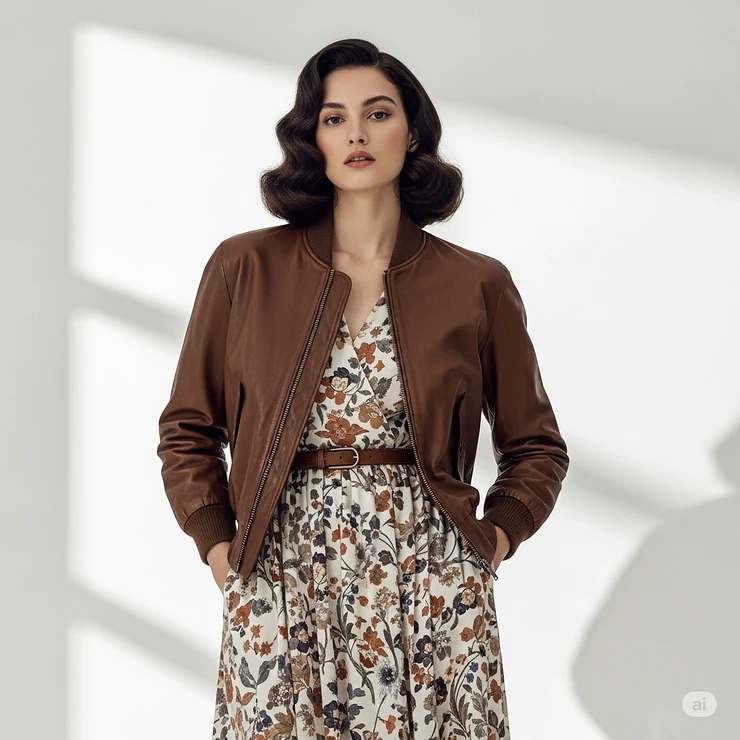 Female model sporting a chic vintage bomber jacket over a dress, showcasing versatile styling options for women.