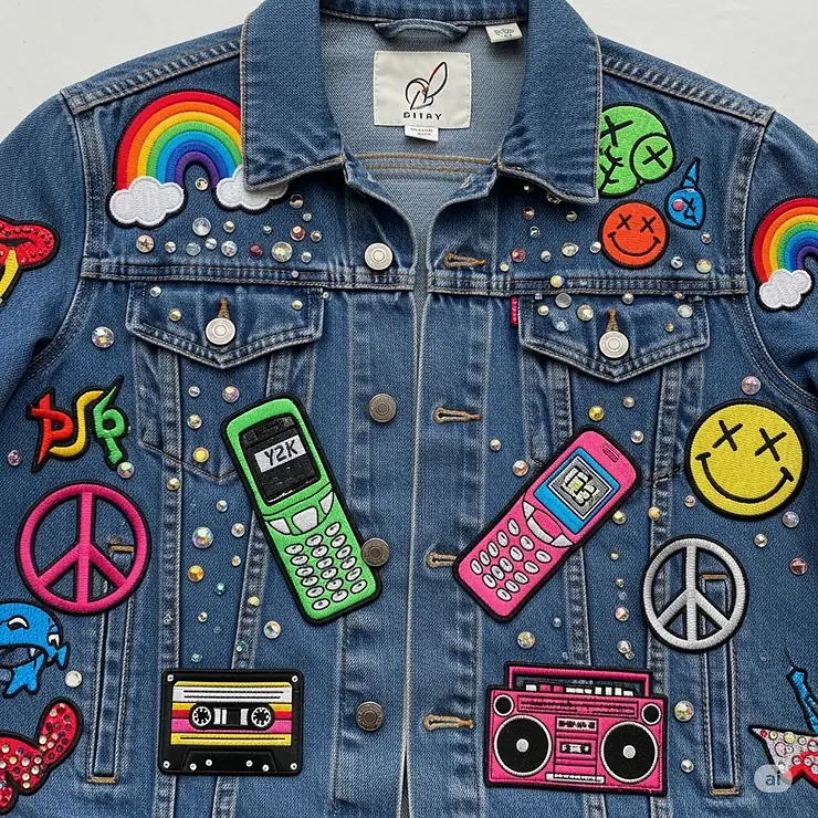 Stylish Y2K denim jacket adorned with colorful embroidered patches and rhinestones, embodying the era's playful customization trend.
