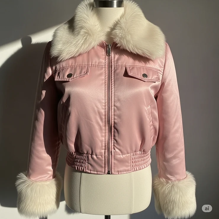 Chic Y2K jacket with faux fur trim on the collar and cuffs, reminiscent of popular early 2000s glam fashion.