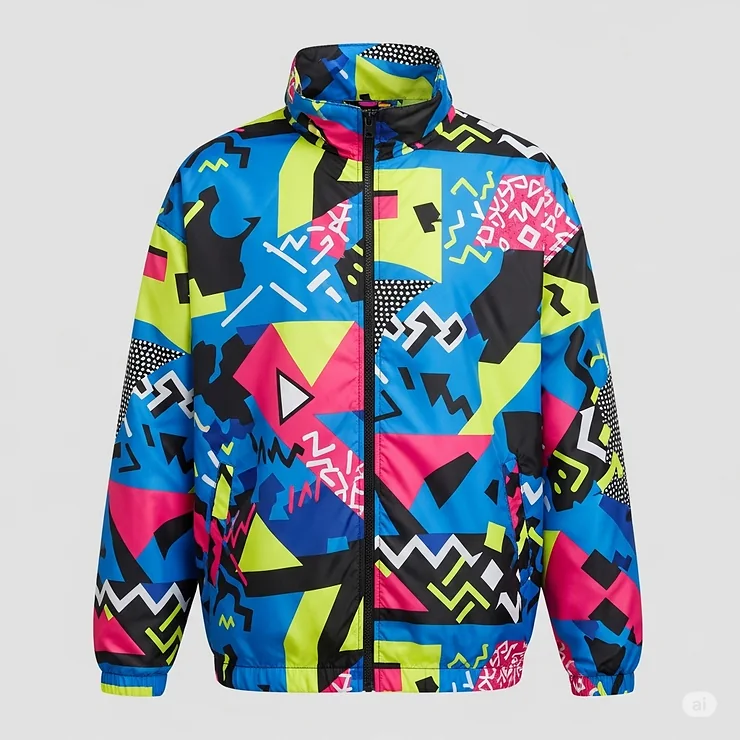 Retro Y2K graphic windbreaker jacket featuring bold geometric patterns and bright neon colors, perfect for an athletic or streetwear look.