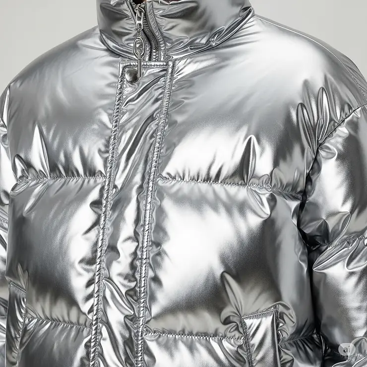 Close-up detail of a shiny silver Y2K metallic puffer jacket, highlighting its iconic bulky silhouette and futuristic sheen.