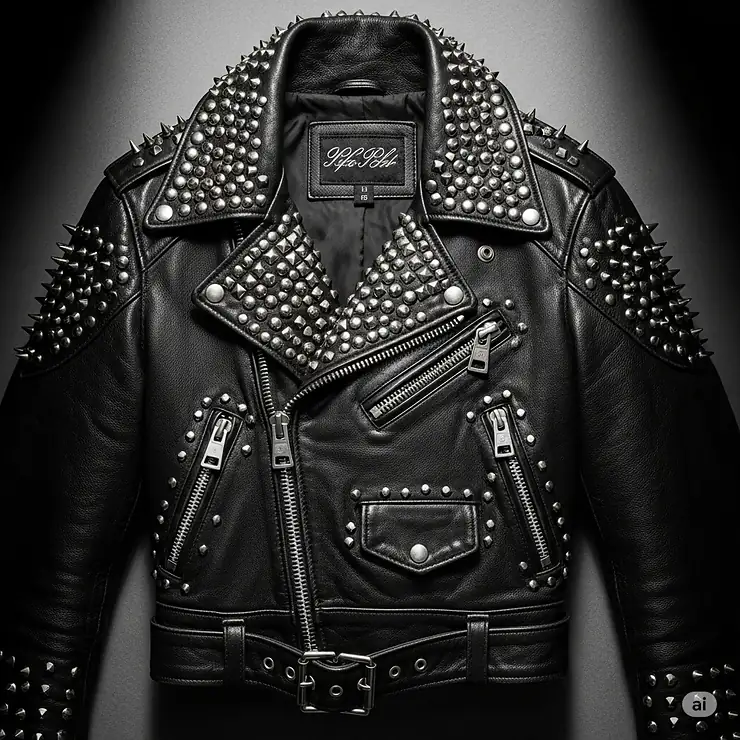 Edgy black Y2K leather jacket embellished with silver studs, reflecting the rebellious and rock-inspired fashion of the time.