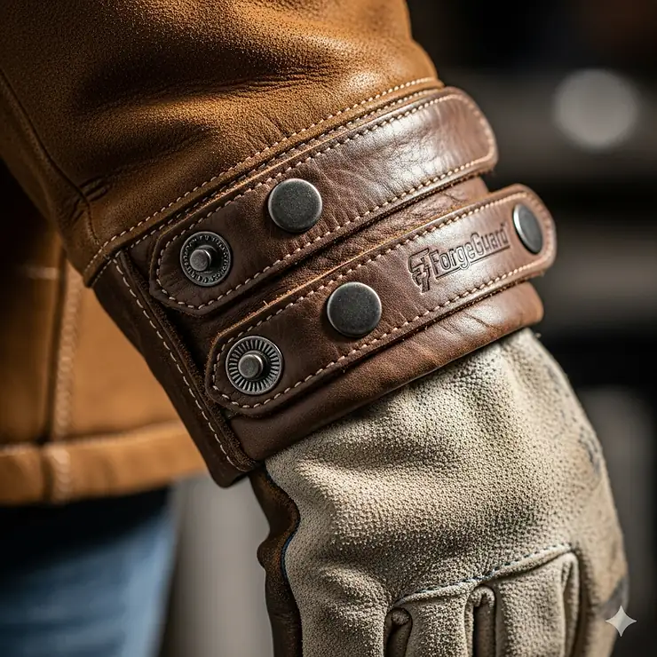 Adjustable cuff design on a leather welding jacket to ensure a snug and secure fit over gloves.