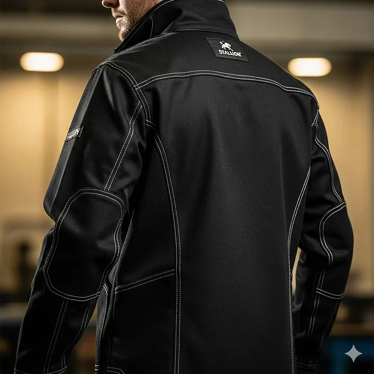 Back view of a Black Stallion welding jacket, highlighting the stretchable fabric and reinforced seams.