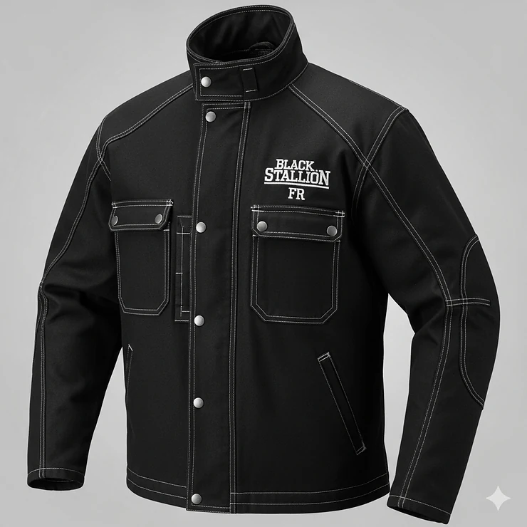 Front view of the Black Stallion welding jacket, showcasing its flame-resistant material and ergonomic design.