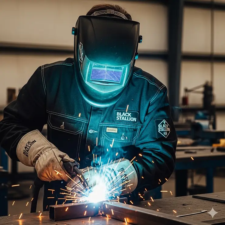 A photo demonstrating how the Black Stallion welding jacket protects against sparks and spatter during MIG welding.