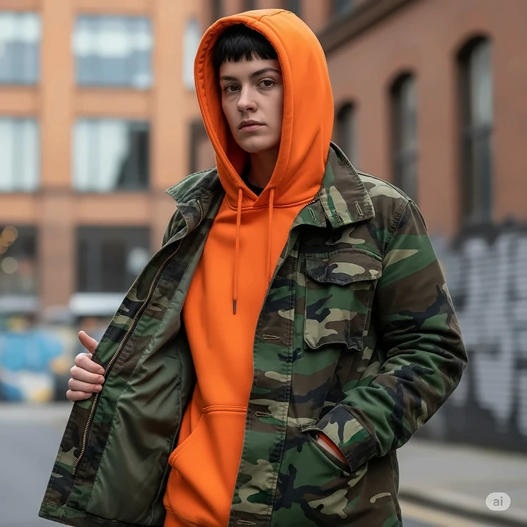 A camouflage jacket layered over a contrasting hoodie, showcasing a popular and comfortable street style combination.