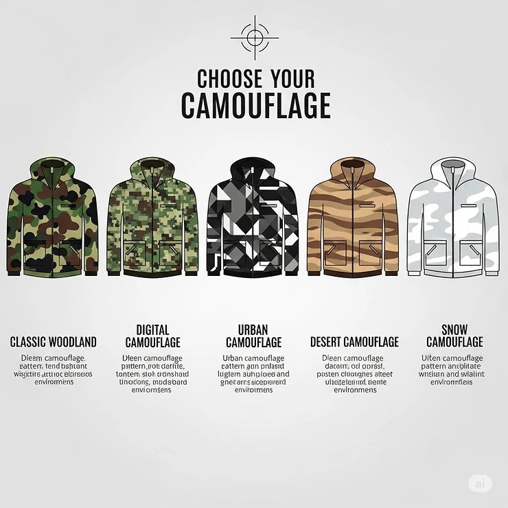 Infographic showcasing various camouflage jacket patterns, including classic woodland, digital, and urban designs, to help customers choose.