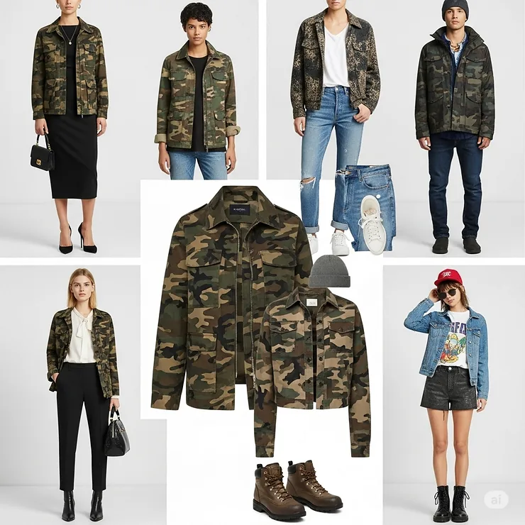 Collage of diverse styling ideas for a camo jacket, showing how to dress it up or down for different occasions.