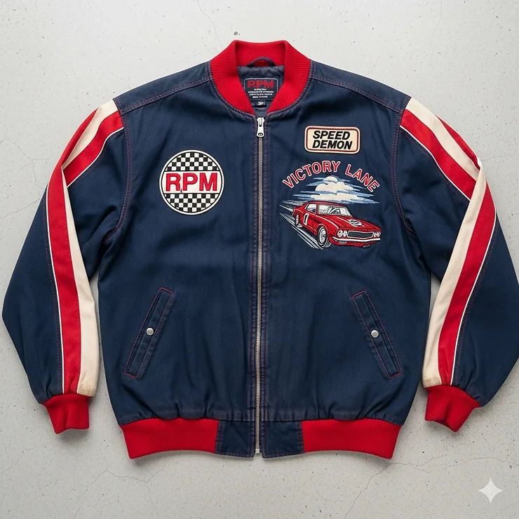 A flat lay image of a vintage-style racing jacket for men, showcasing its full design and color scheme.