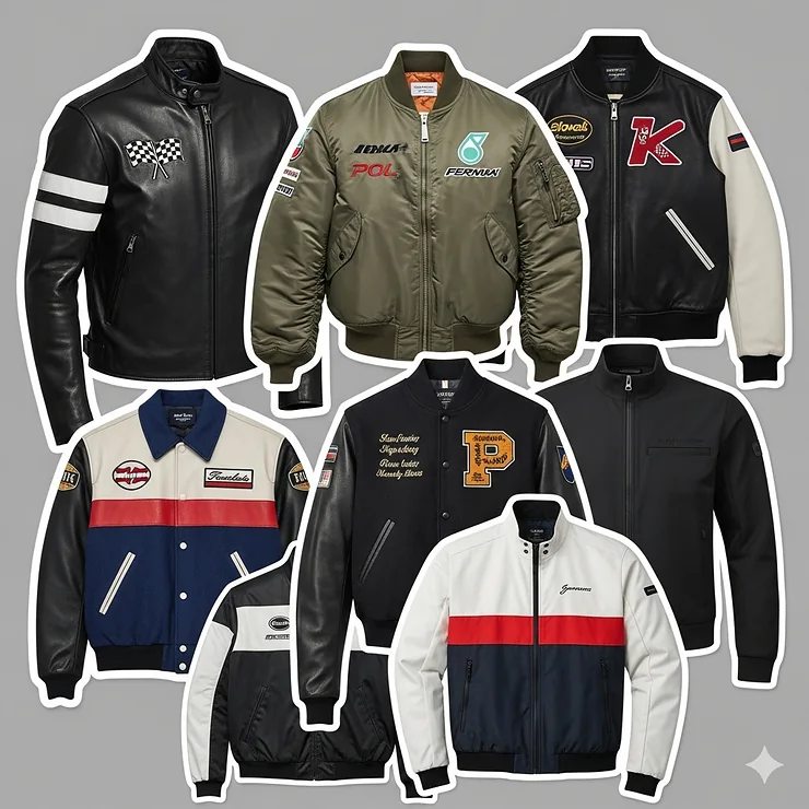 A collage displaying various styles of men's racing jackets, including bomber, varsity, and classic leather designs.