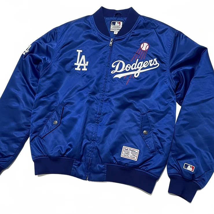 A new, royal blue Dodgers satin bomber jacket with ribbed cuffs and collar.
