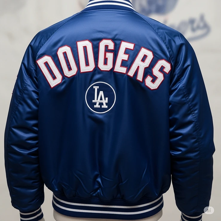 Back view of an authentic Los Angeles Dodgers bomber jacket, showcasing the large, embroidered "Dodgers" script across the shoulders. This image highlights the detailed stitching and design on the reverse side of the jacket.