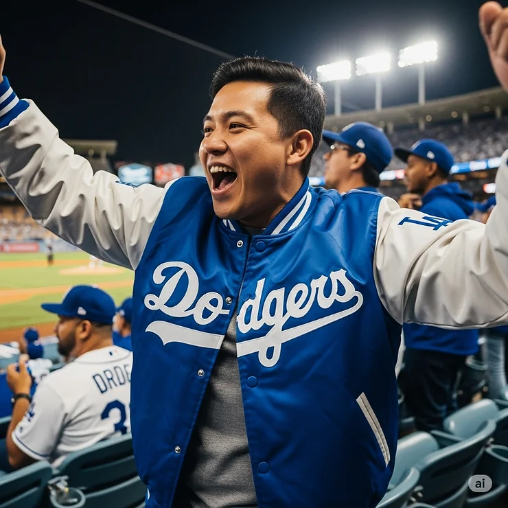 An energetic shot of a fan wearing a Dodgers bomber jacket at a baseball game, capturing the spirit and atmosphere of game day while showcasing the jacket in its natural environment.