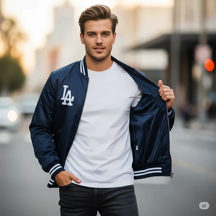A male model poses wearing a sleek Dodgers bomber jacket, a modern and popular style for men.
