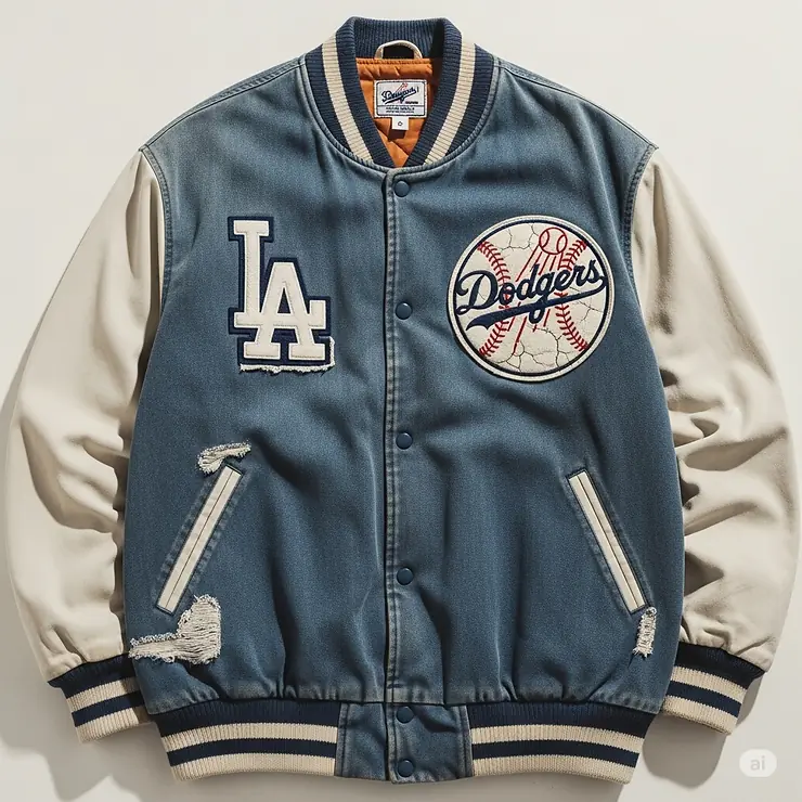 An image of a vintage-inspired Dodgers bomber jacket with a faded, retro look, appealing to fans of classic apparel. The jacket has a nostalgic feel with distressed detailing.