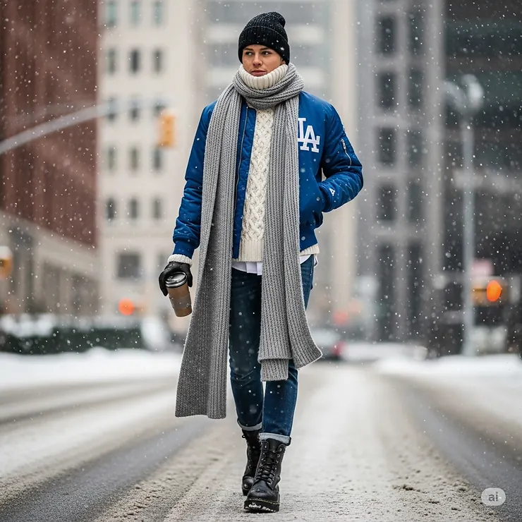 A full-body shot of a person styling a Dodgers bomber jacket with a winter outfit, showing how the jacket can be layered for warmth and style during colder weather.