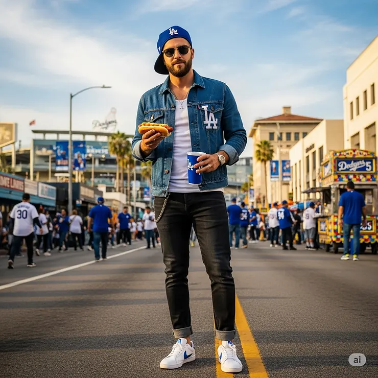 A stylish man sports a Los Angeles Dodgers denim jacket, perfect for a casual and versatile gameday look.