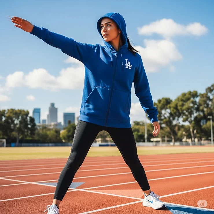 An athlete wears a comfortable Dodgers hooded jacket with a full zipper, ideal for a workout or a relaxed day out.