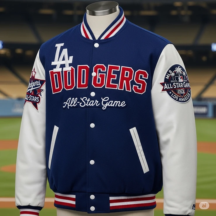 A special edition Los Angeles Dodgers jacket created for an MLB All-Star Game, featuring unique patches and commemorative details.