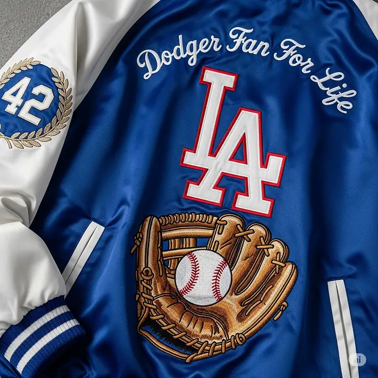A close-up shot of a custom Los Angeles Dodgers jacket with intricate embroidery, showcasing a personalized design.