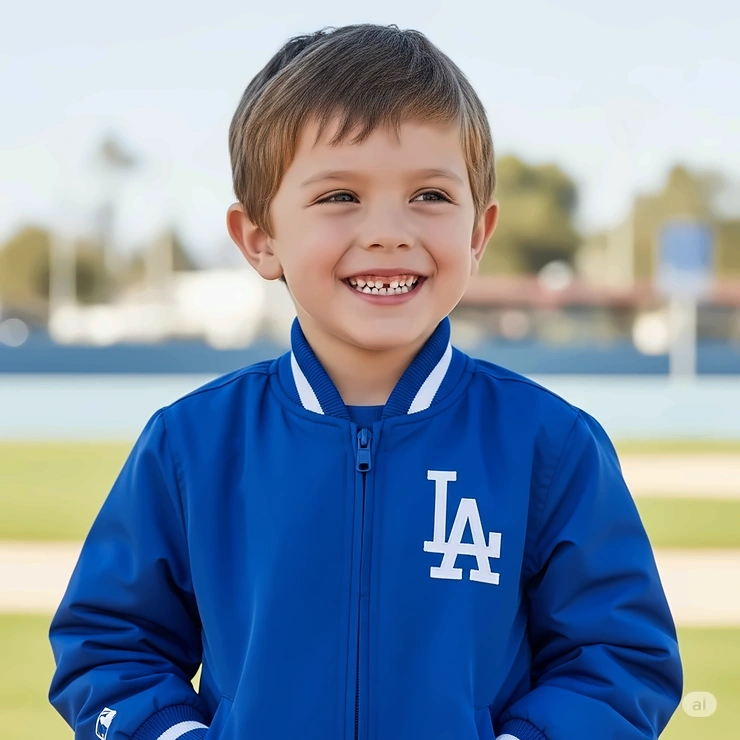 A young boy smiles while wearing a small Los Angeles Dodgers jacket, showing a version designed for children and youth fans.