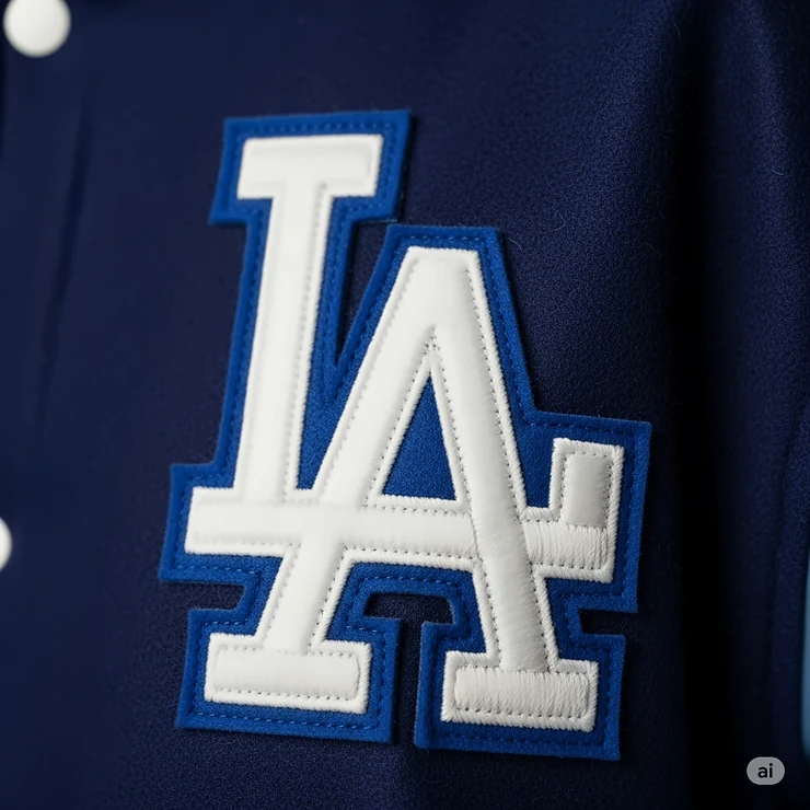 Close-up of the "LA" logo patch on the chest of the Dodgers letterman jacket.