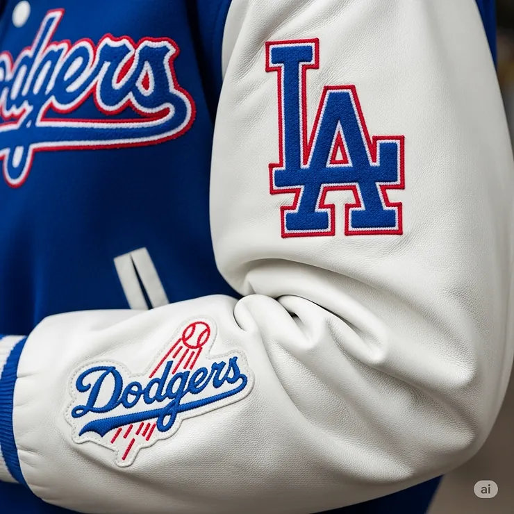 Detailed shot of the white leather sleeve of the official Dodgers varsity jacket.