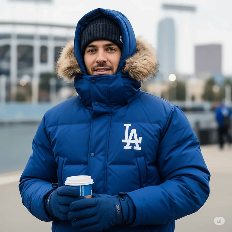 A man is bundled up in a warm, insulated Dodgers winter jacket, ready for cold weather at the stadium or around town.