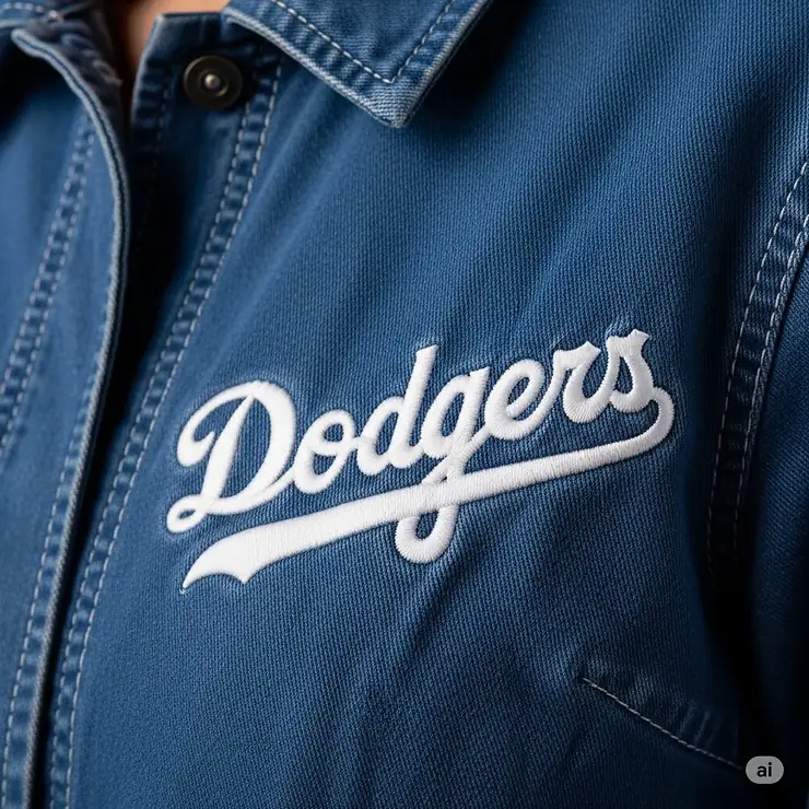 Close-up shot of the Dodgers script logo embroidered on the chest of a classic blue women's jacket.
